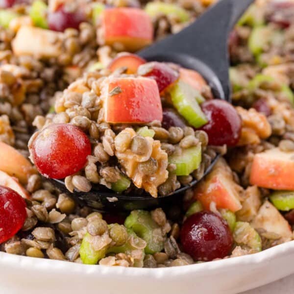 Close-up of a lentil Waldorf salad with chopped apples, red grapes, celery, and walnuts, served with a black spoon.