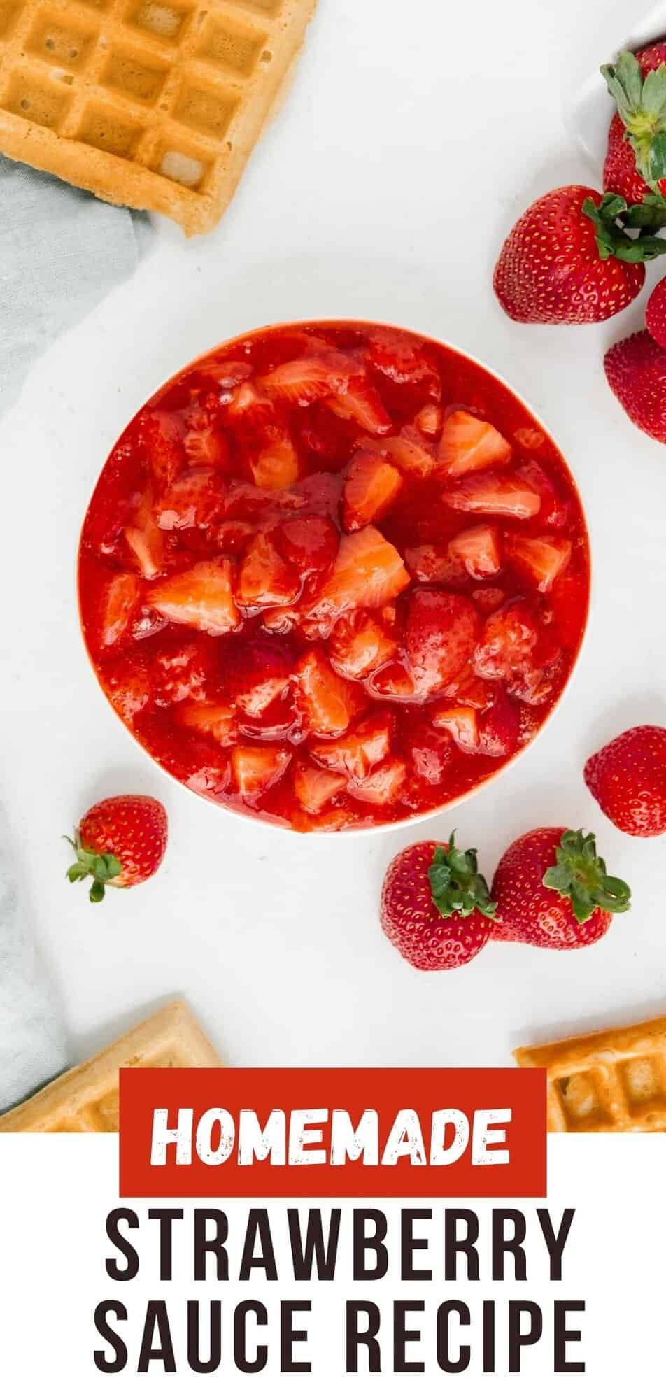 Strawberry sauce Pinterest graphic with text and photos.