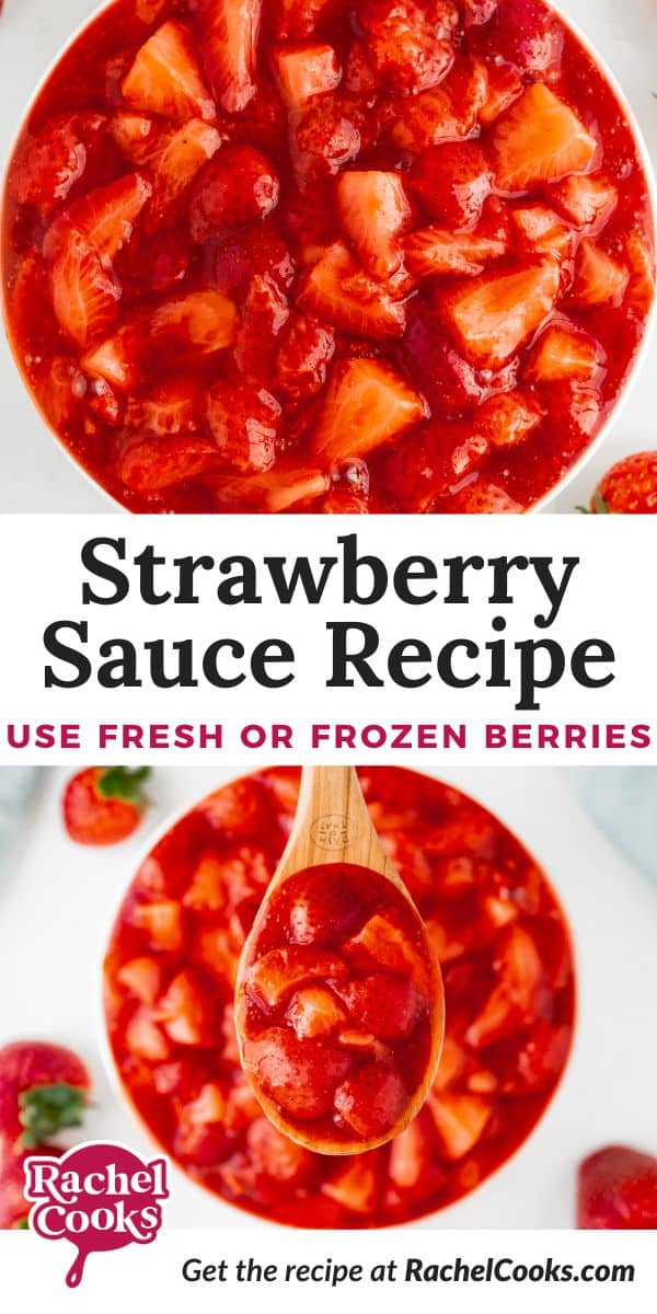 Strawberry sauce Pinterest graphic with text and photos.