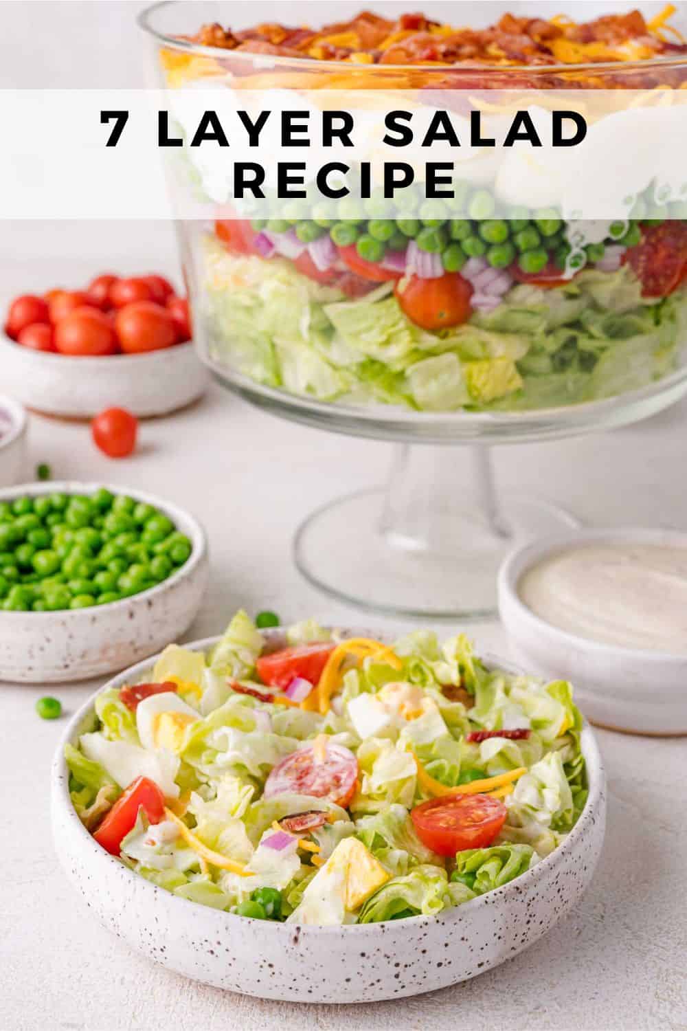 7 layer salad Pinterest graphic with text and photos.