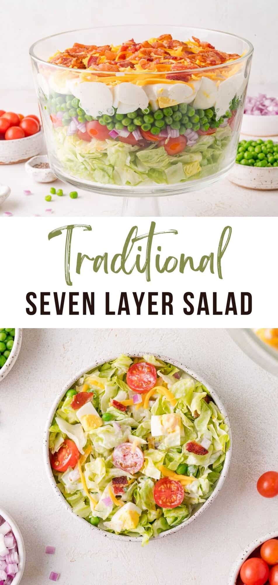 7 layer salad Pinterest graphic with text and photos.