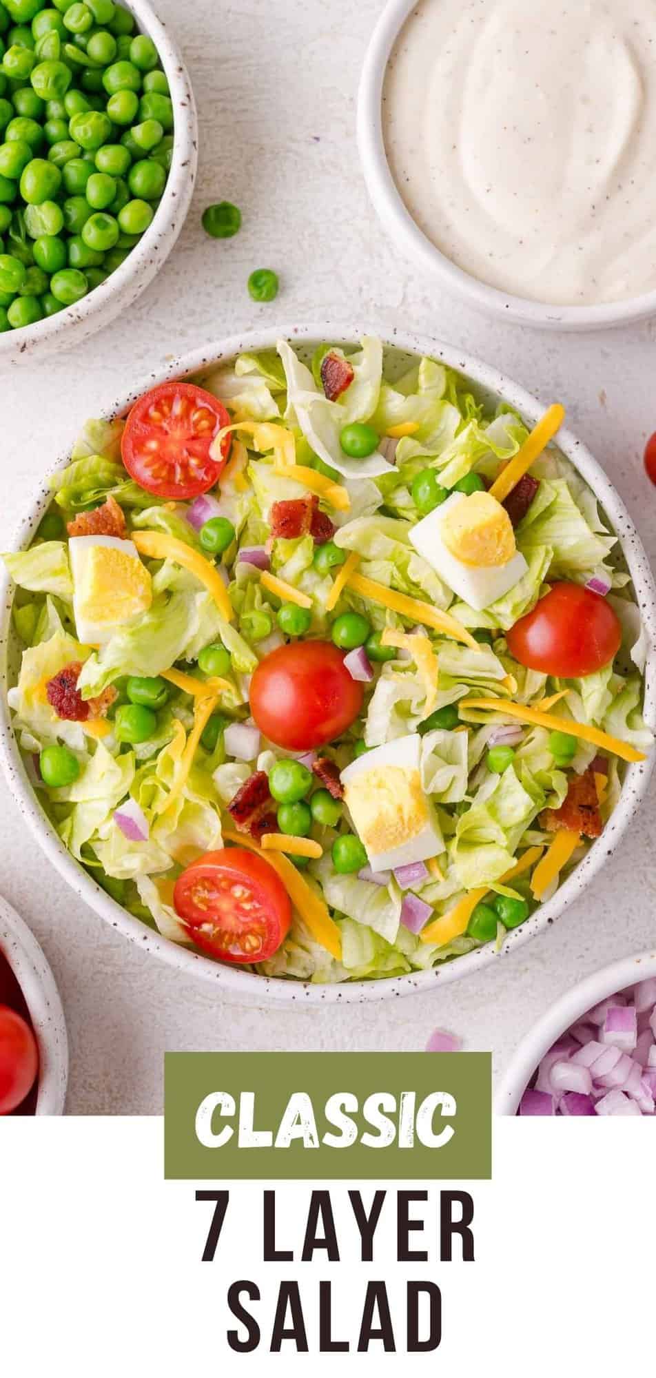 7 layer salad Pinterest graphic with text and photos.