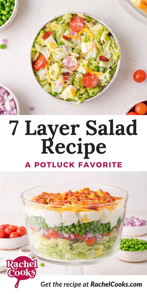 7 layer salad Pinterest graphic with text and photos.
