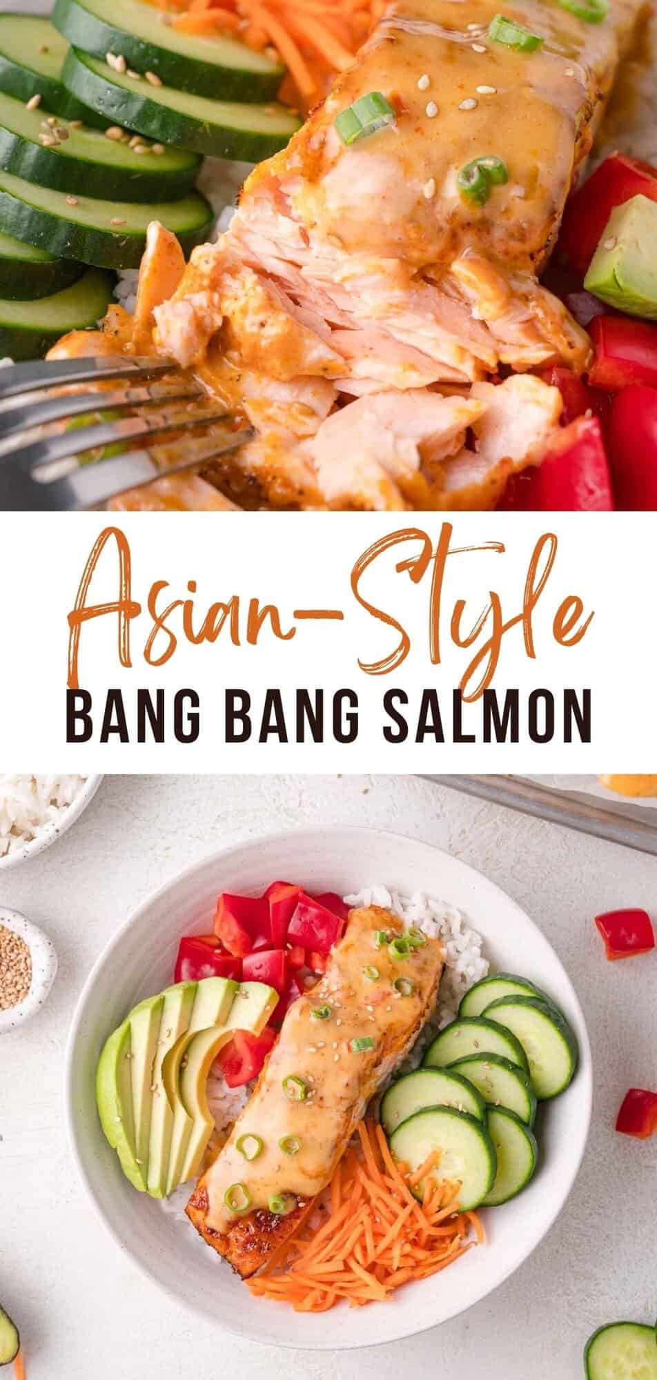 Bang Bang salmon Pinterest graphic with text and photos.