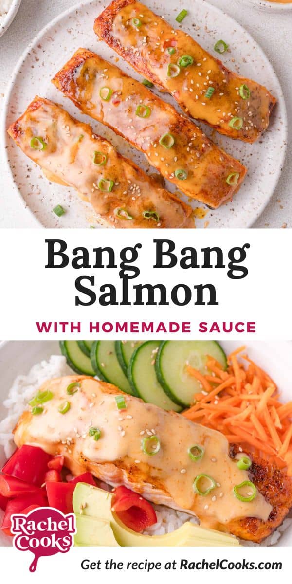 Bang Bang salmon Pinterest graphic with text and photos.