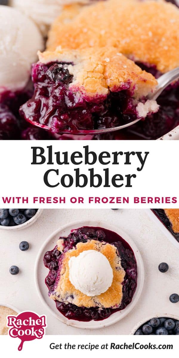 Blueberry cobbler Pinterest graphic with text and photos.