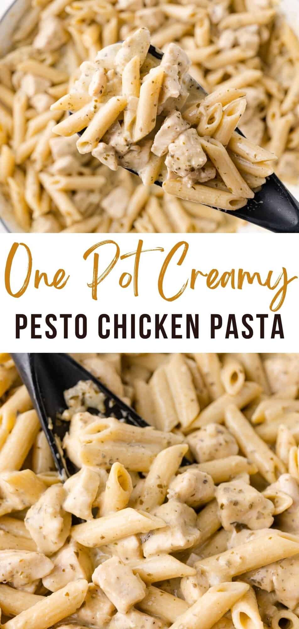 Creamy pesto chicken pasta Pinterest graphic with text and photos.