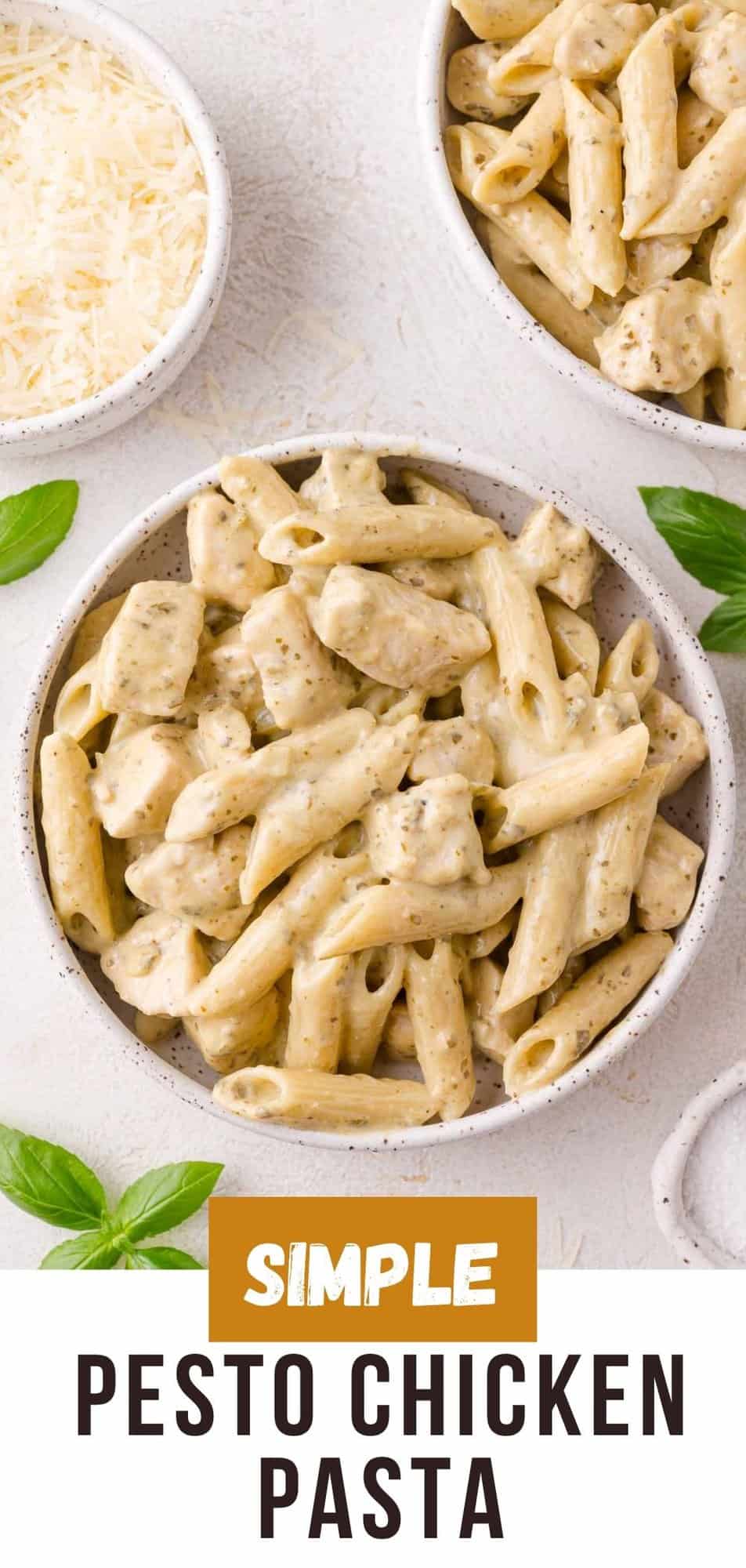 Creamy pesto chicken pasta Pinterest graphic with text and photos.