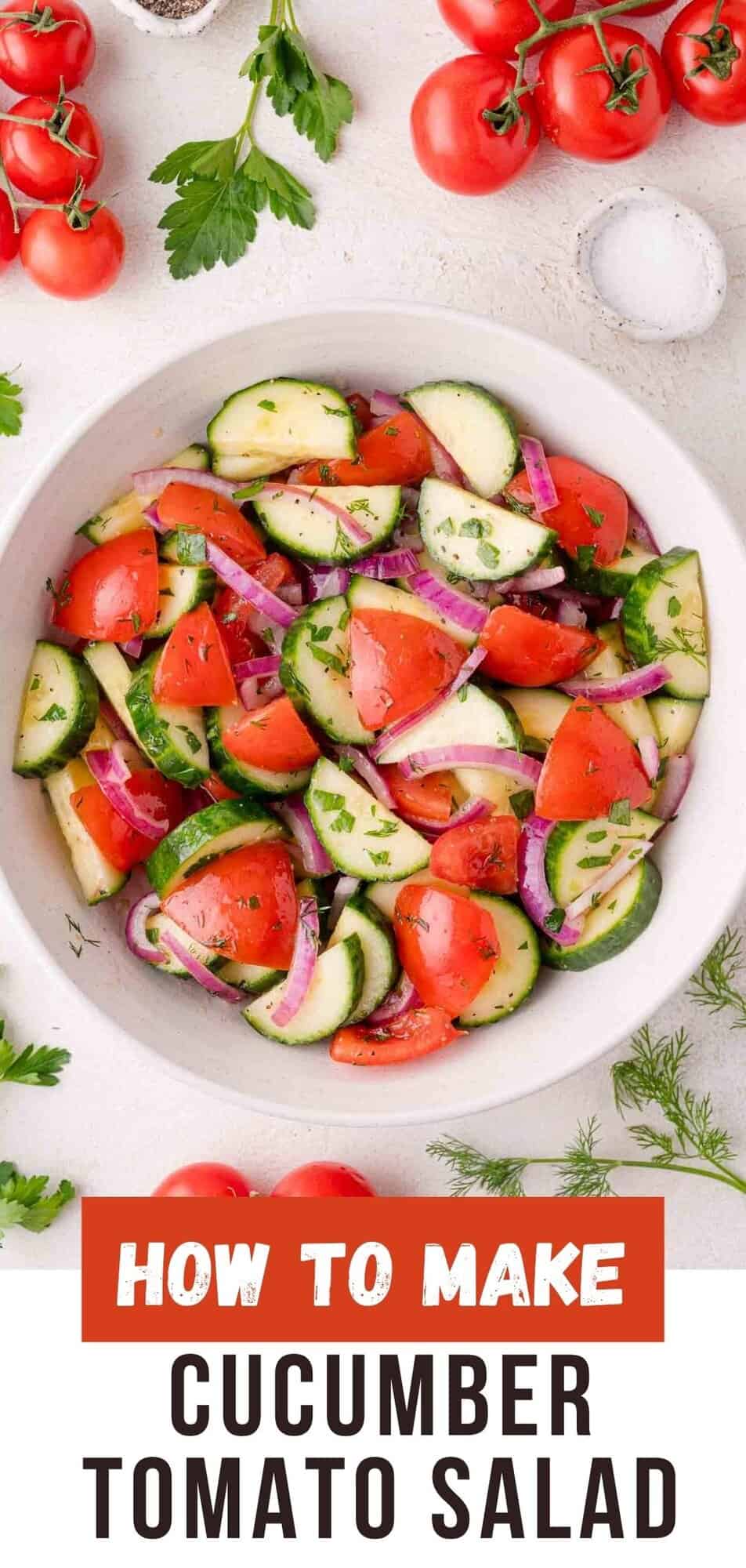 Cucumber tomato salad Pinterest graphic with text and photos.