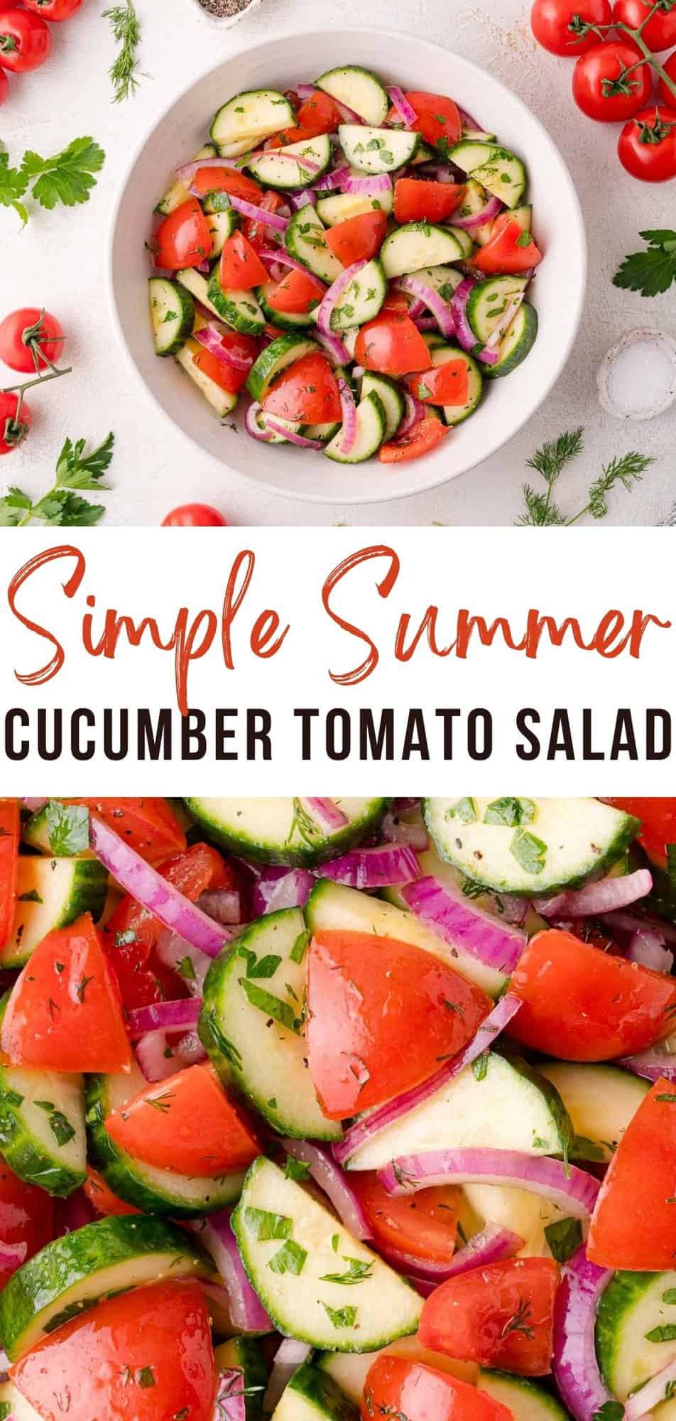 Cucumber tomato salad Pinterest graphic with text and photos.
