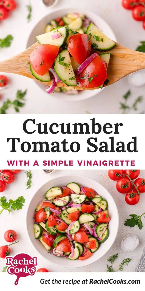 Cucumber tomato salad Pinterest graphic with text and photos.