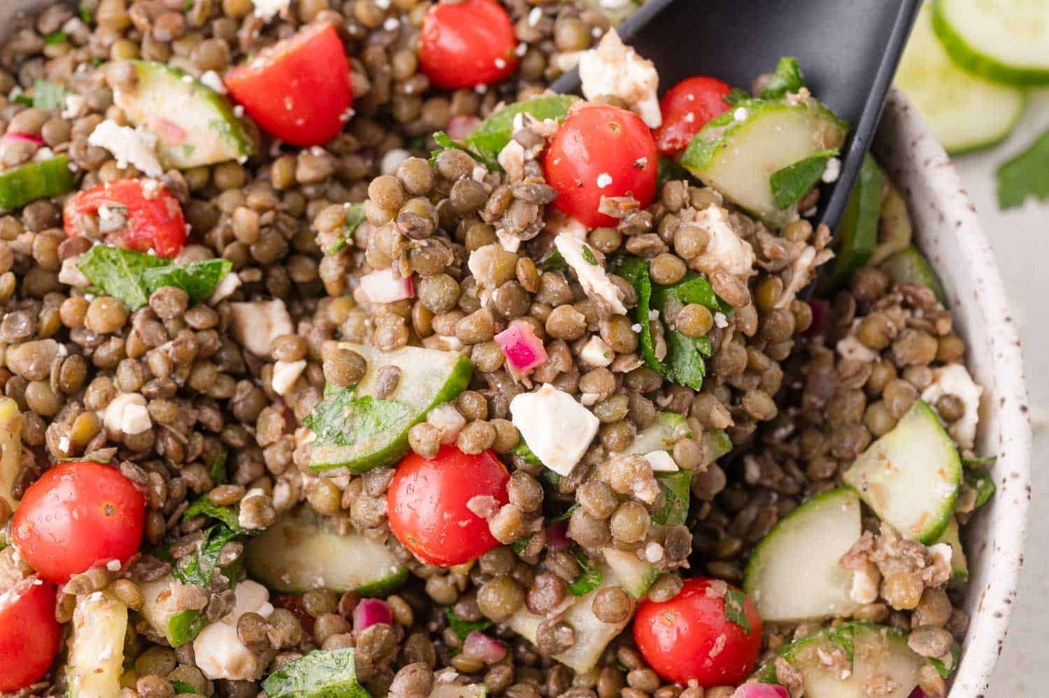 A close-up of a lentil salad with cherry tomatoes, cucumber slices, feta cheese, red onion, and parsley, served with a black spoon.