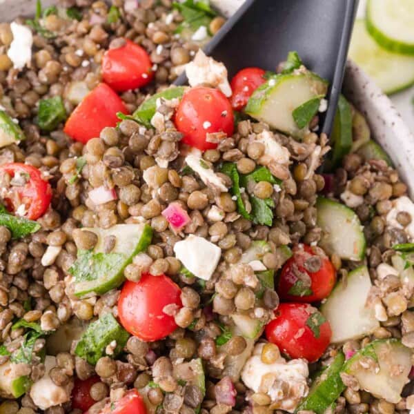 A close-up of a lentil salad with cherry tomatoes, cucumber slices, red onion, feta cheese, and parsley, served with a black spoon.