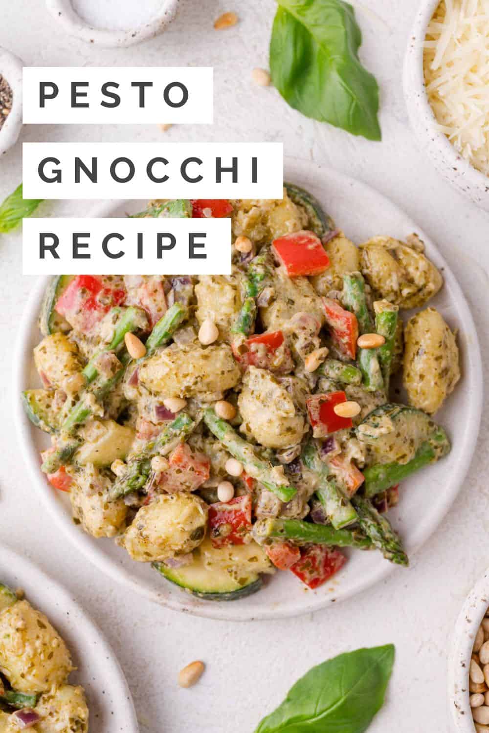 Pesto gnocchi Pinterest graphic with text and photos.