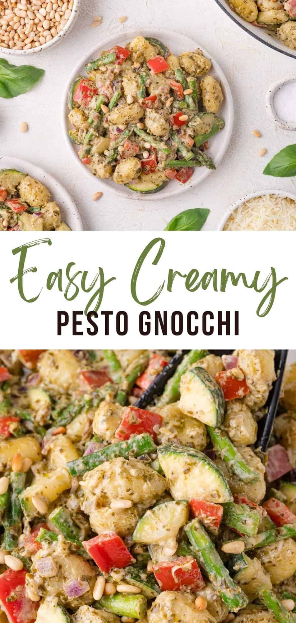 Pesto gnocchi Pinterest graphic with text and photos.