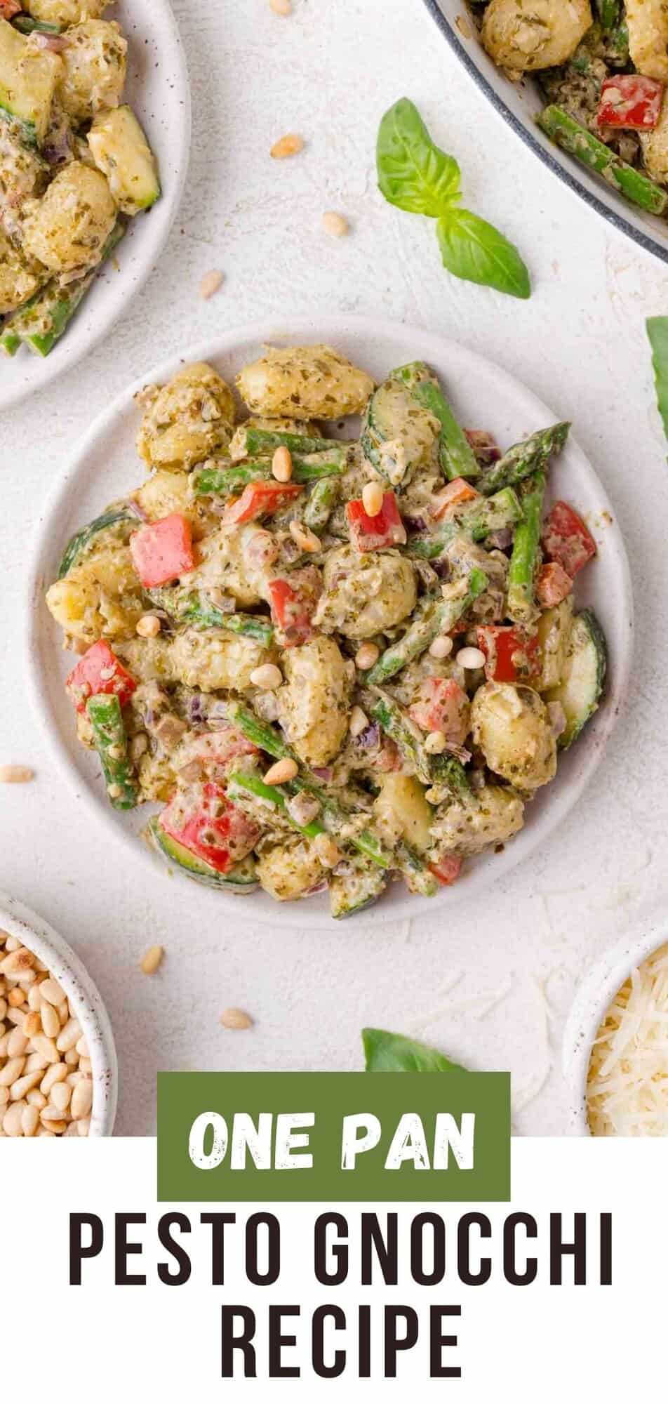 Pesto gnocchi Pinterest graphic with text and photos.
