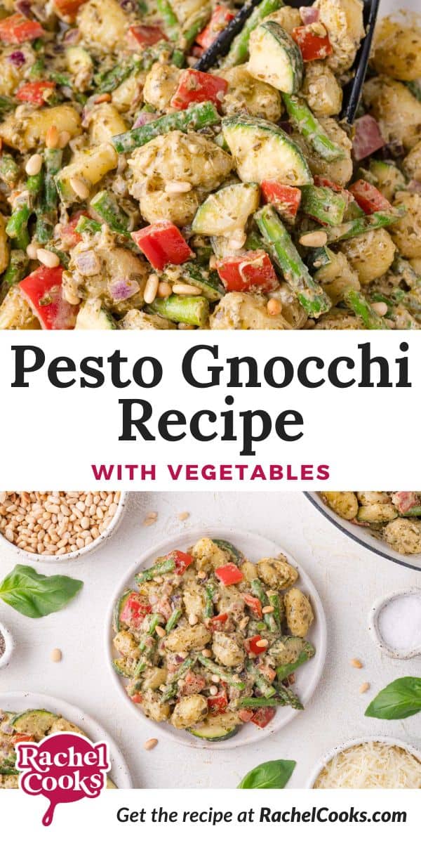 Pesto gnocchi Pinterest graphic with text and photos.