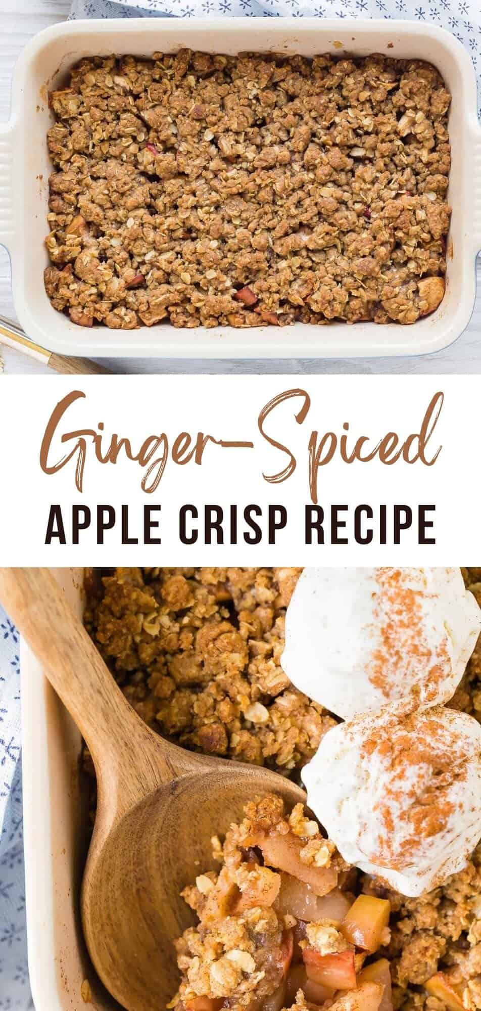 Apple crisp Pinterest graphic with text and photos.