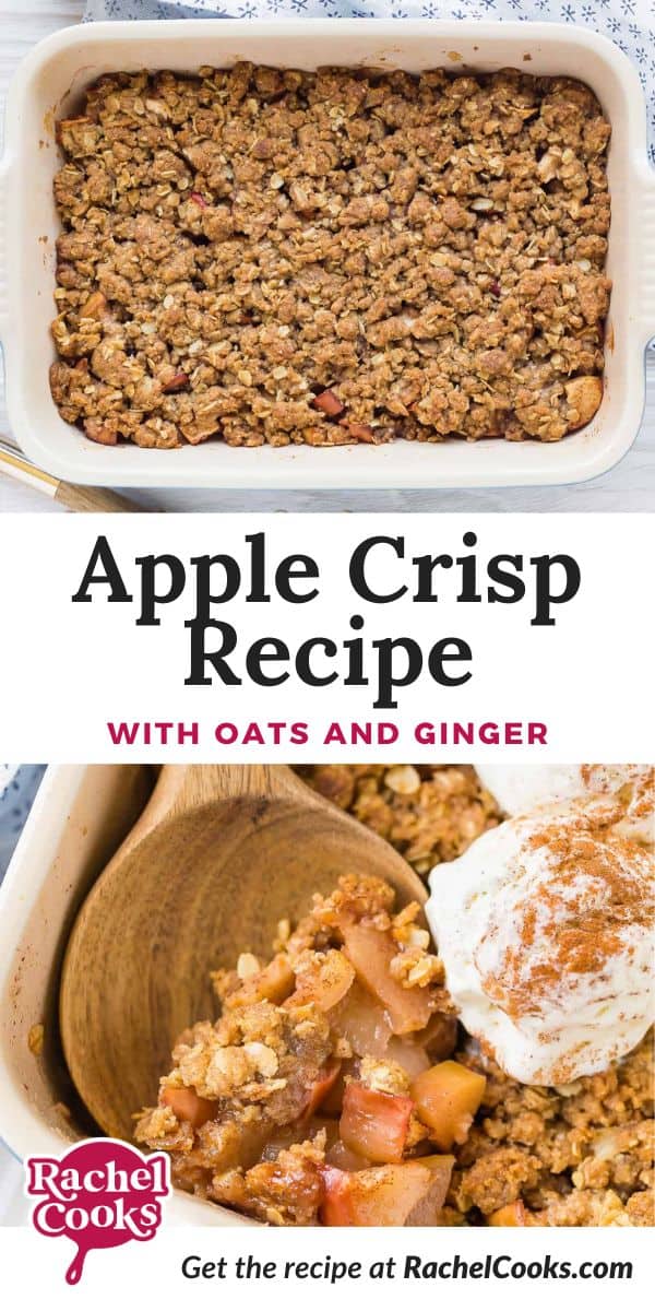 Apple crisp Pinterest graphic with text and photos.