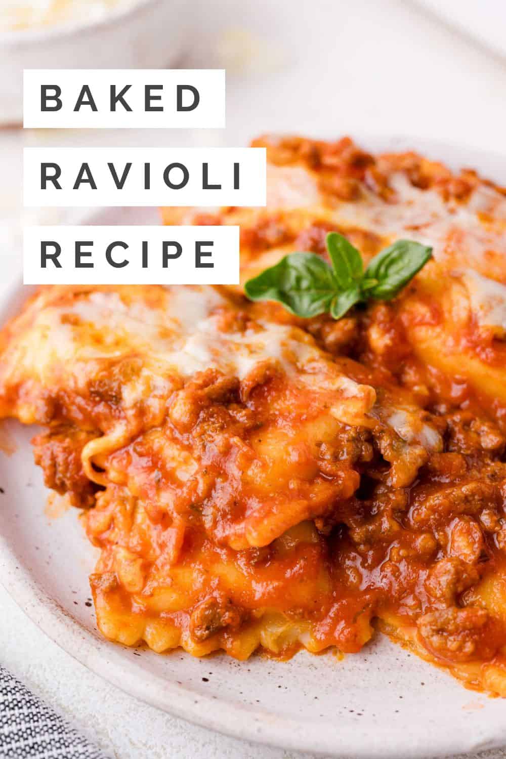 Baked ravioli Pinterest graphic with text and photos.