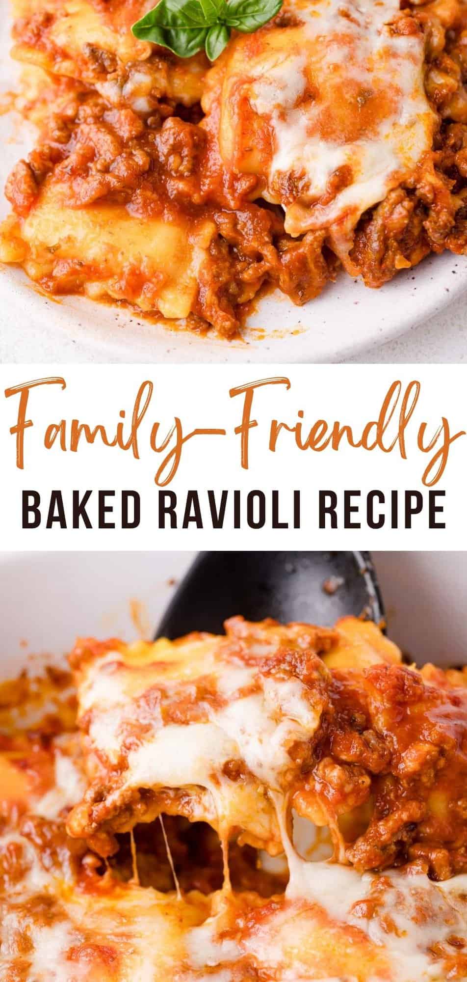 Baked ravioli Pinterest graphic with text and photos.