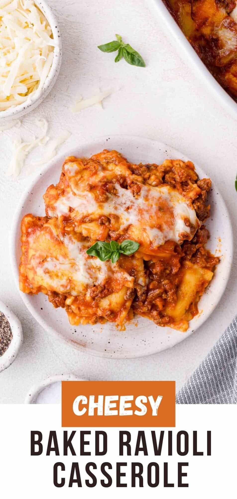 Baked ravioli Pinterest graphic with text and photos.