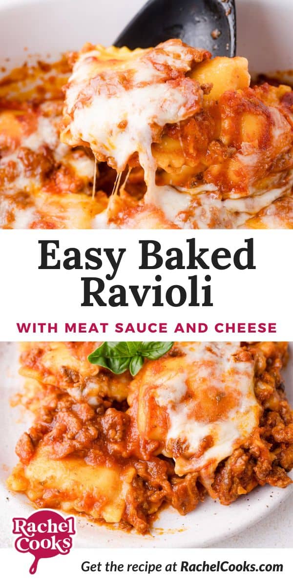 Baked ravioli Pinterest graphic with text and photos.