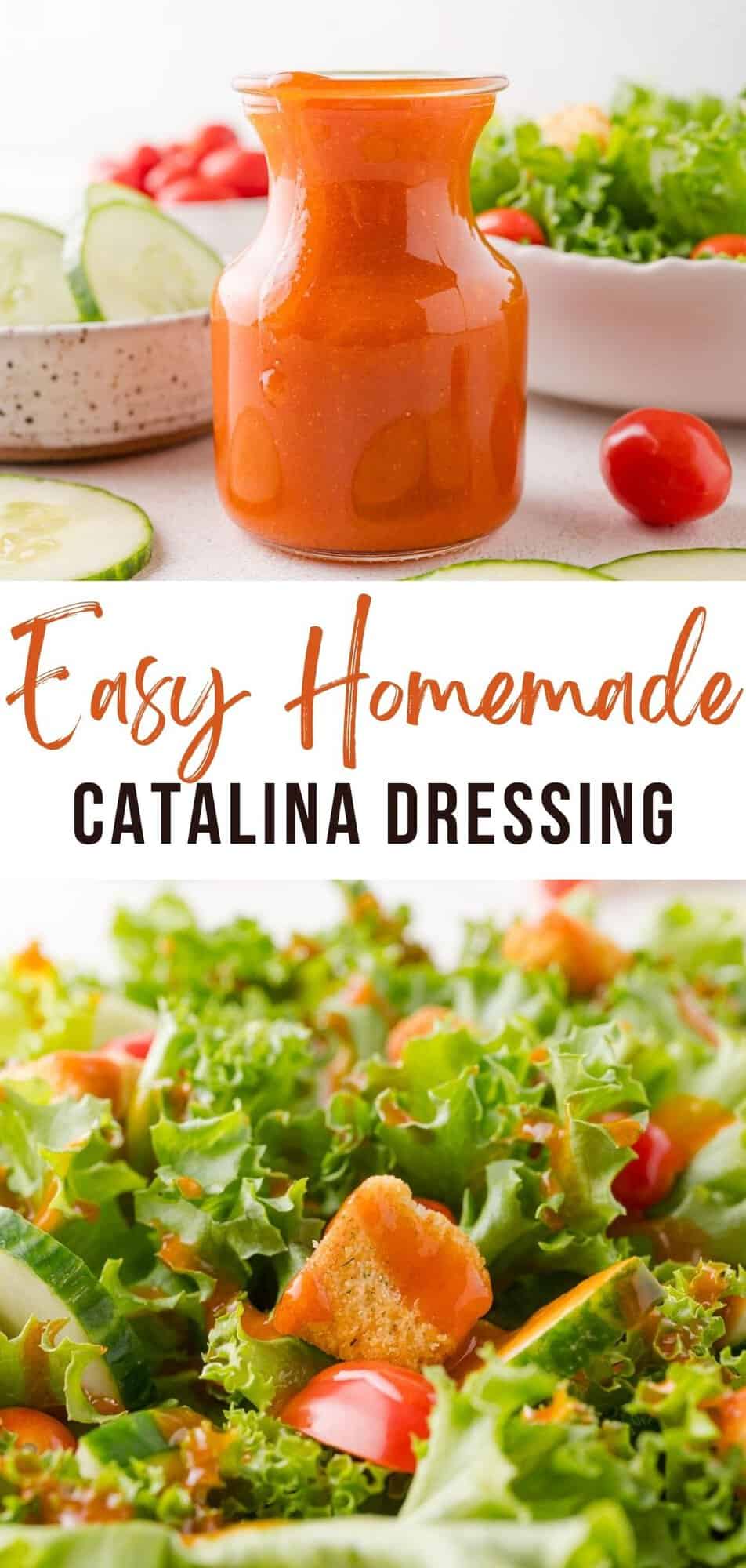 Catalina dressing Pinterest graphic with text and photos.