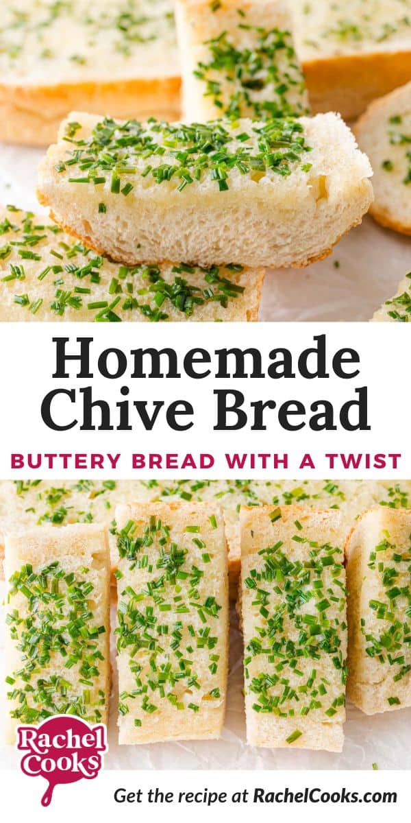 Chive bread Pinterest graphic with text and photos.