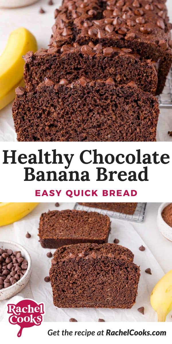 Chocolate banana bread Pinterest graphic with text and photos.