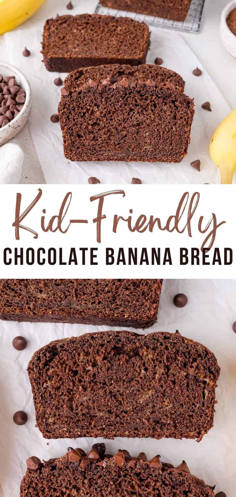 Chocolate banana bread Pinterest graphic with text and photos.