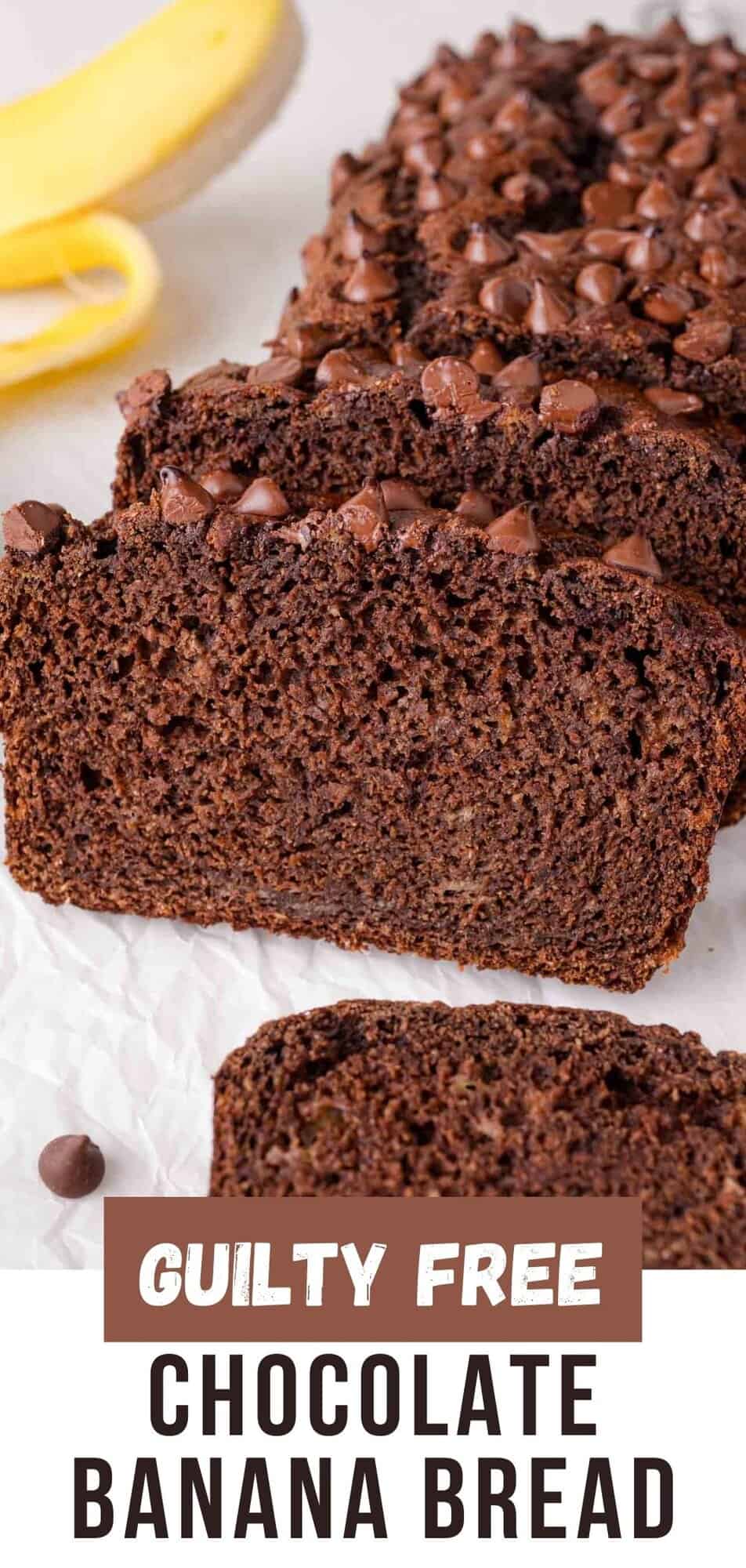Chocolate banana bread Pinterest graphic with text and photos.