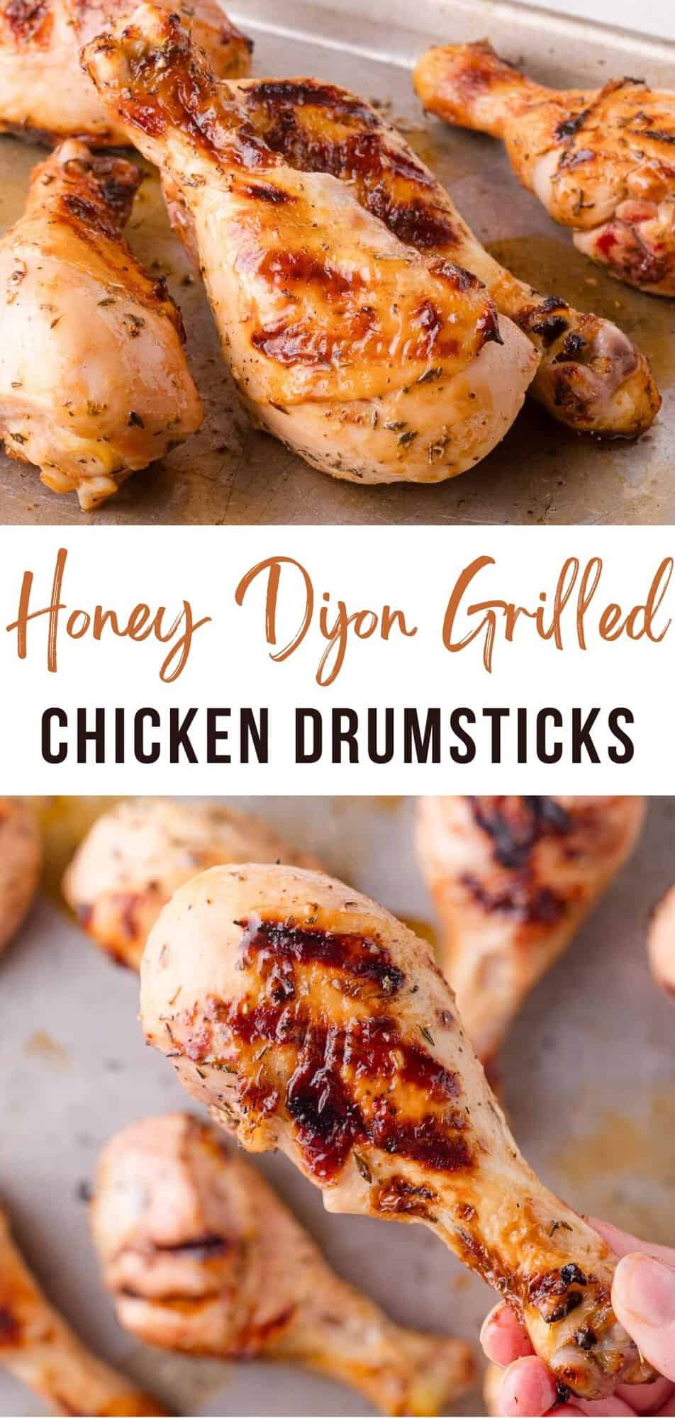 Grilled chicken drumsticks Pinterest graphic with text and photos.