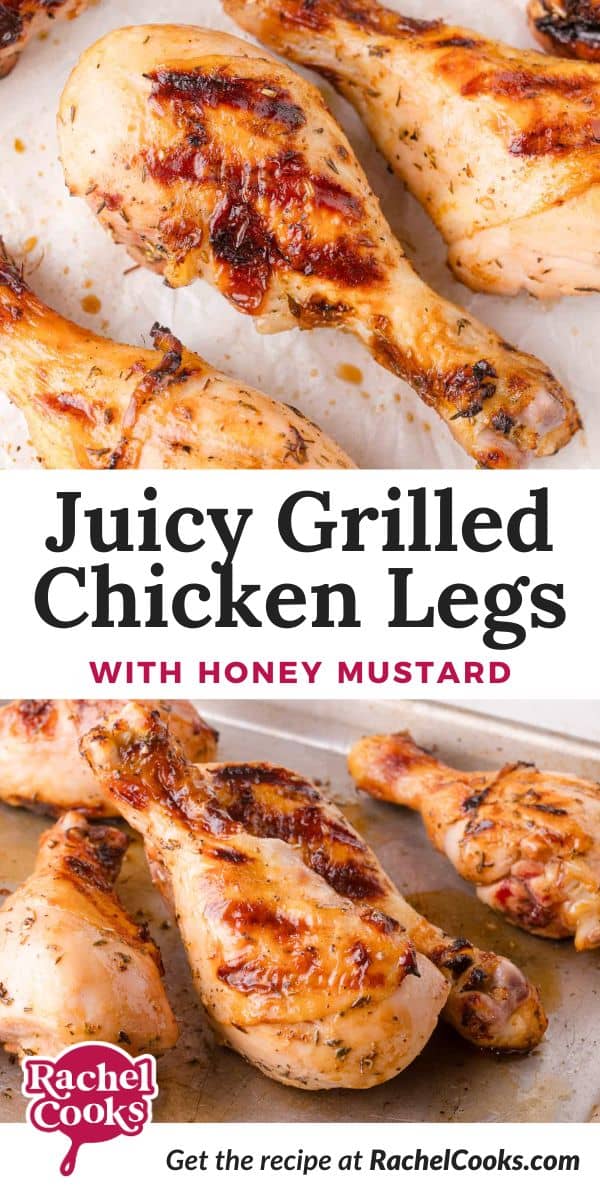 Grilled chicken drumsticks Pinterest graphic with text and photos.