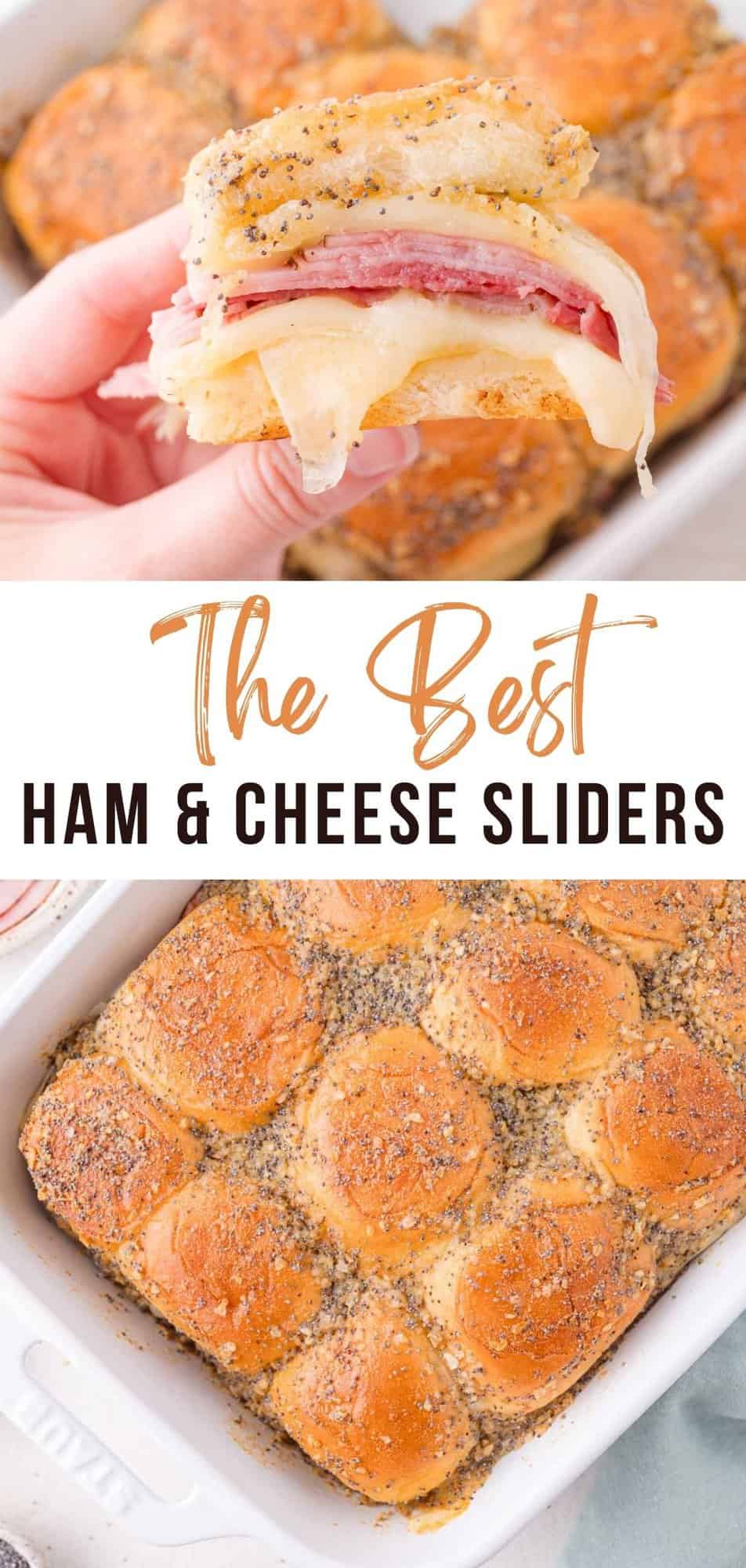 Ham and cheese sliders Pinterest graphic with text and photos.