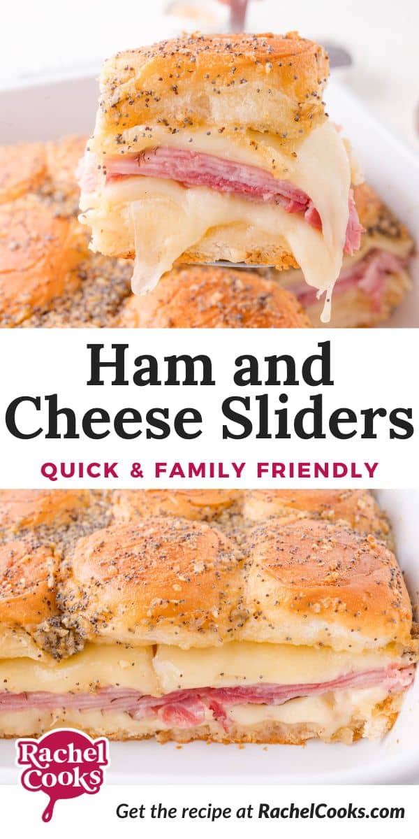 Ham and cheese sliders Pinterest graphic with text and photos.