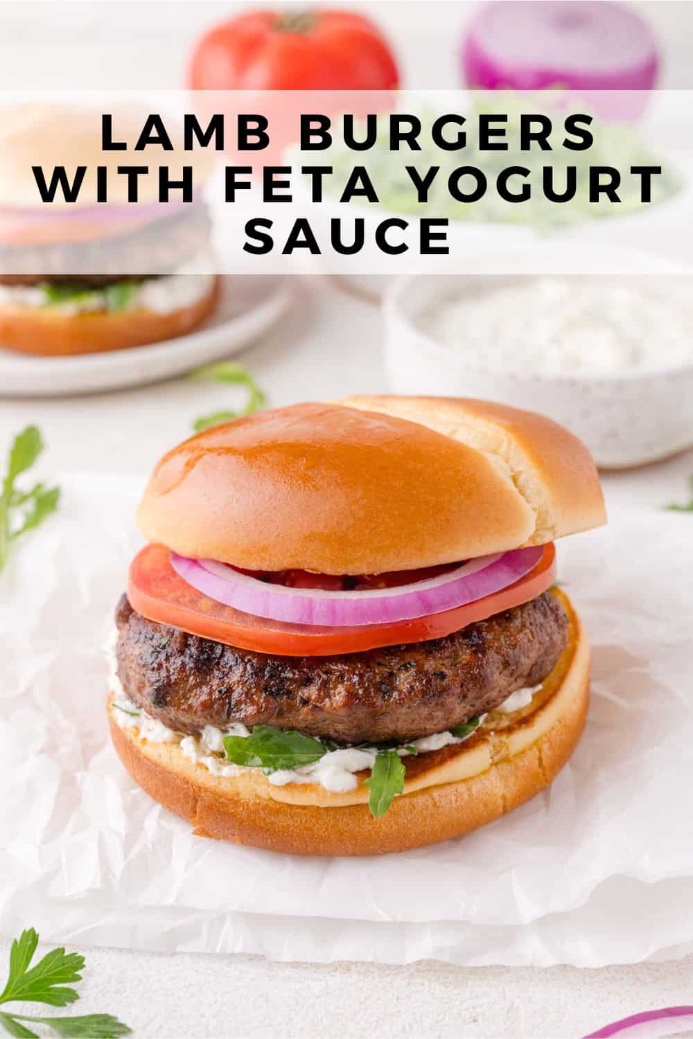 Lamb burgers Pinterest graphic with text and photos.