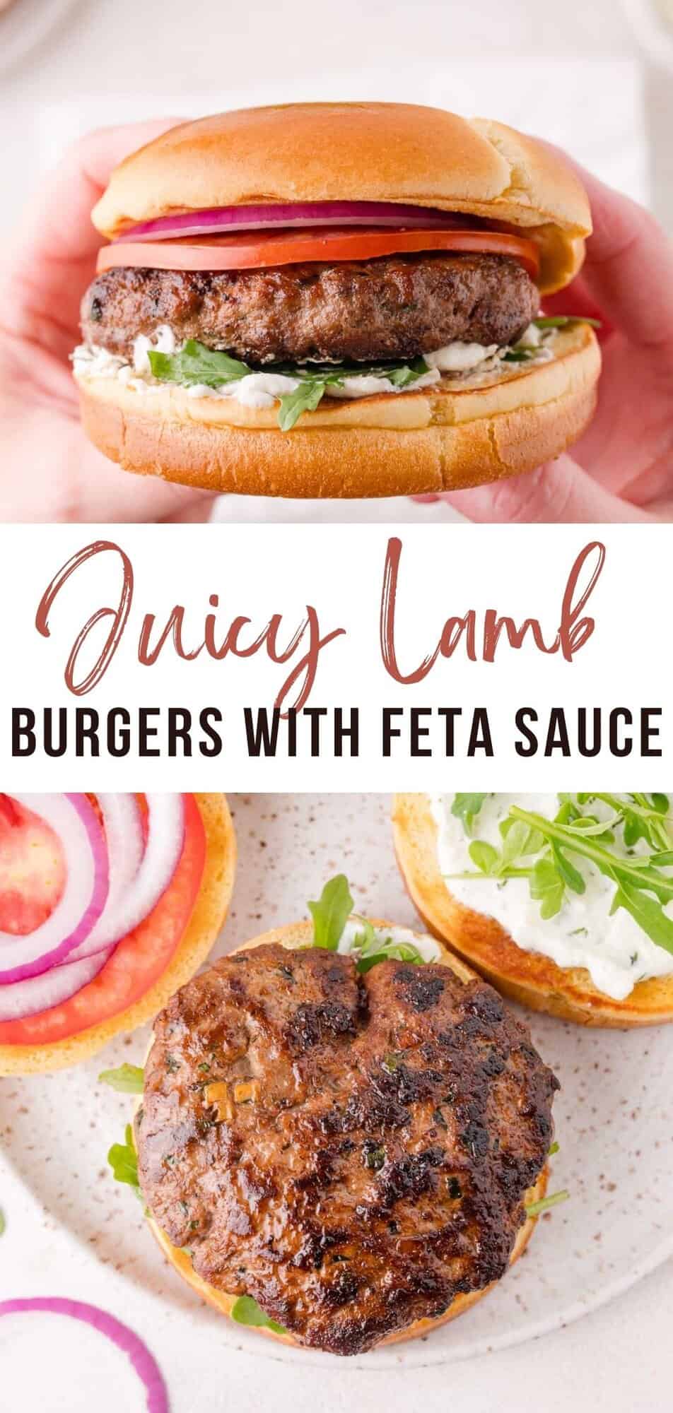 Lamb burgers Pinterest graphic with text and photos.