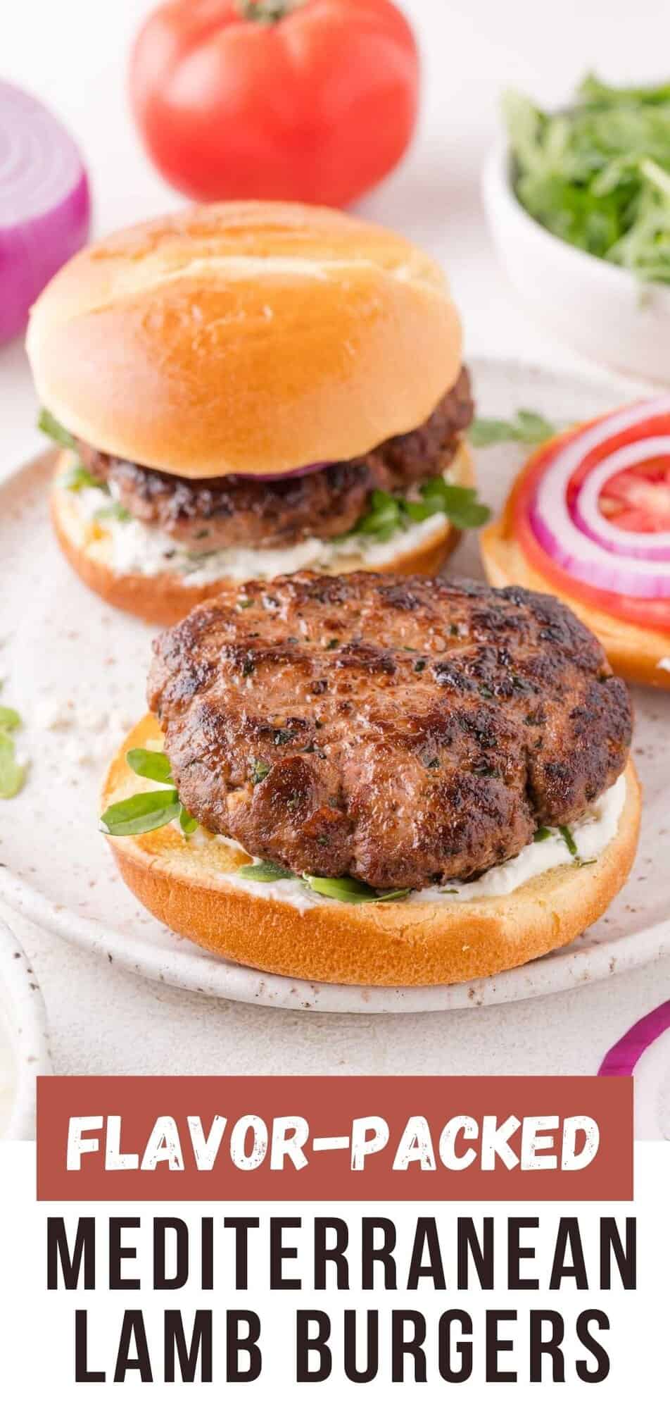 Lamb burgers Pinterest graphic with text and photos.