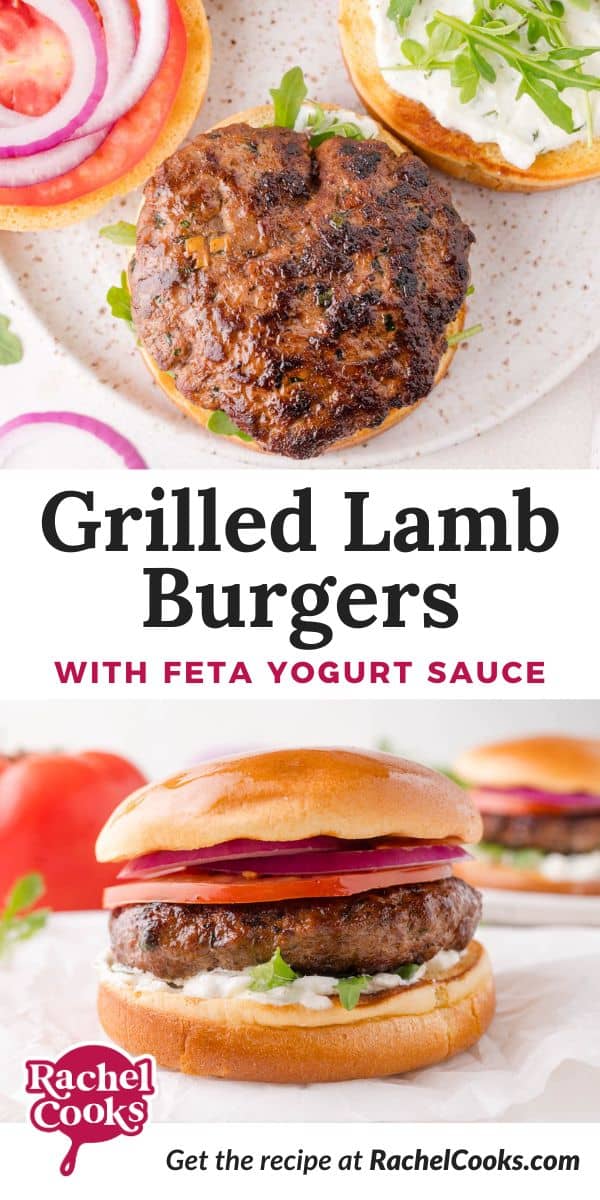 Lamb burgers Pinterest graphic with text and photos.