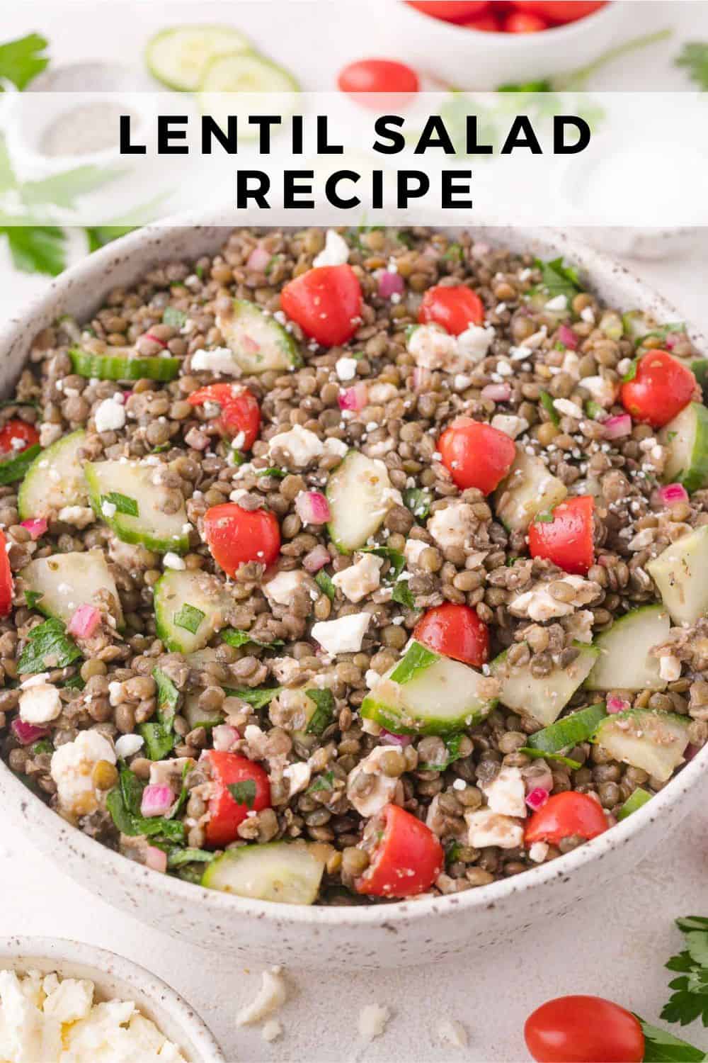 Lentil salad Pinterest graphic with text and photos.