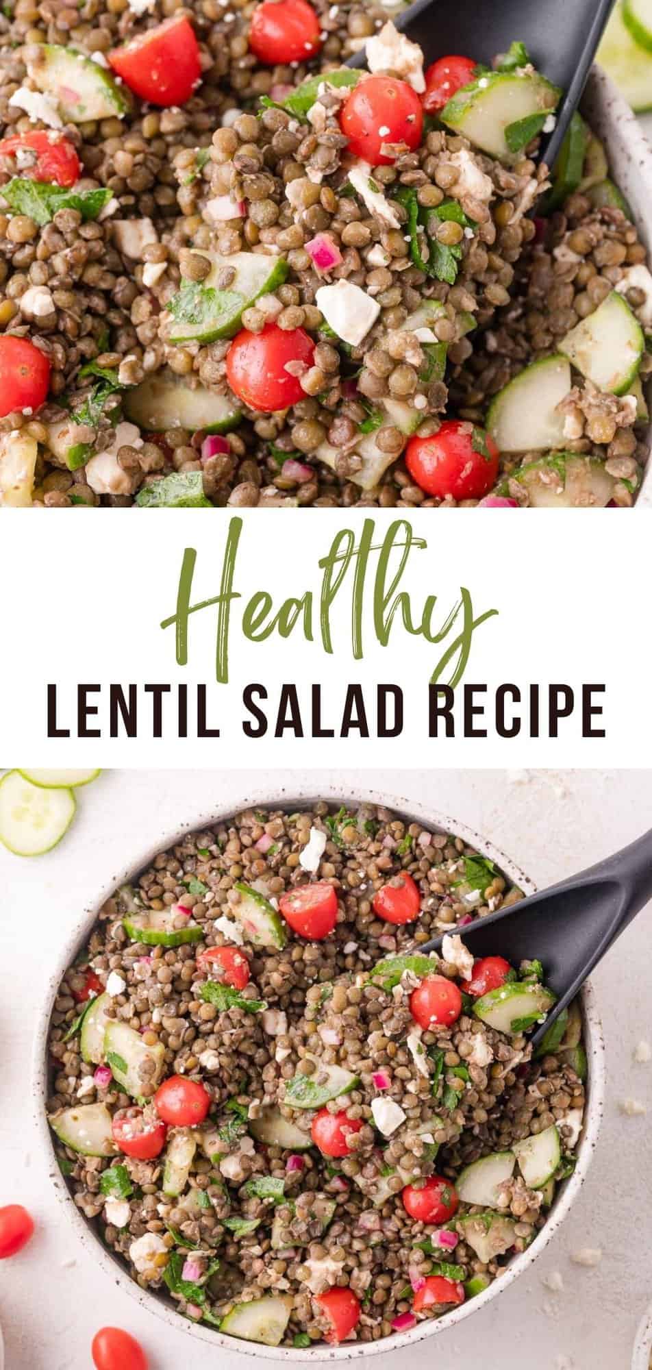 Lentil salad Pinterest graphic with text and photos.
