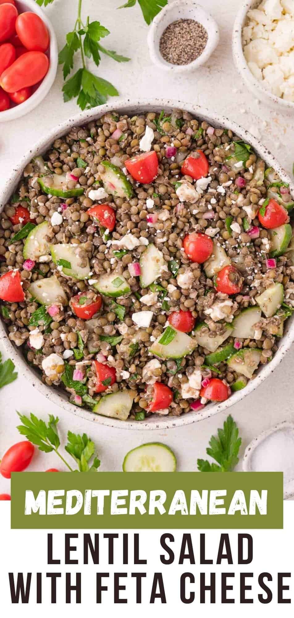 Lentil salad Pinterest graphic with text and photos.