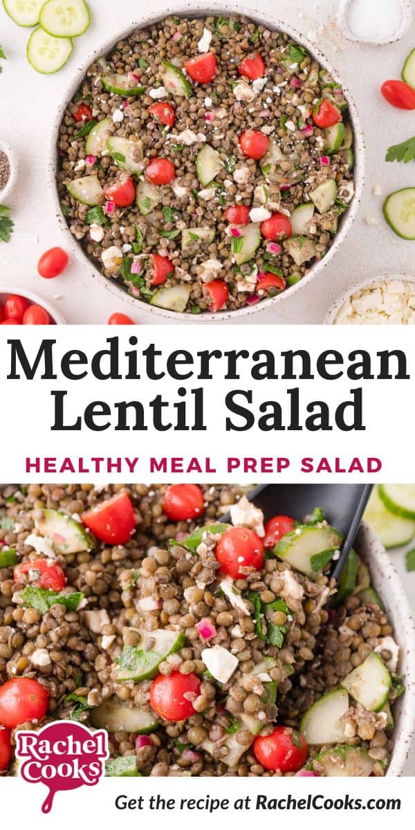 Lentil salad Pinterest graphic with text and photos.