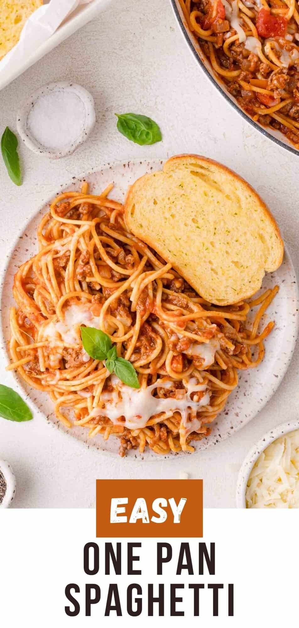One pan spaghetti Pinterest graphic with text and photos.