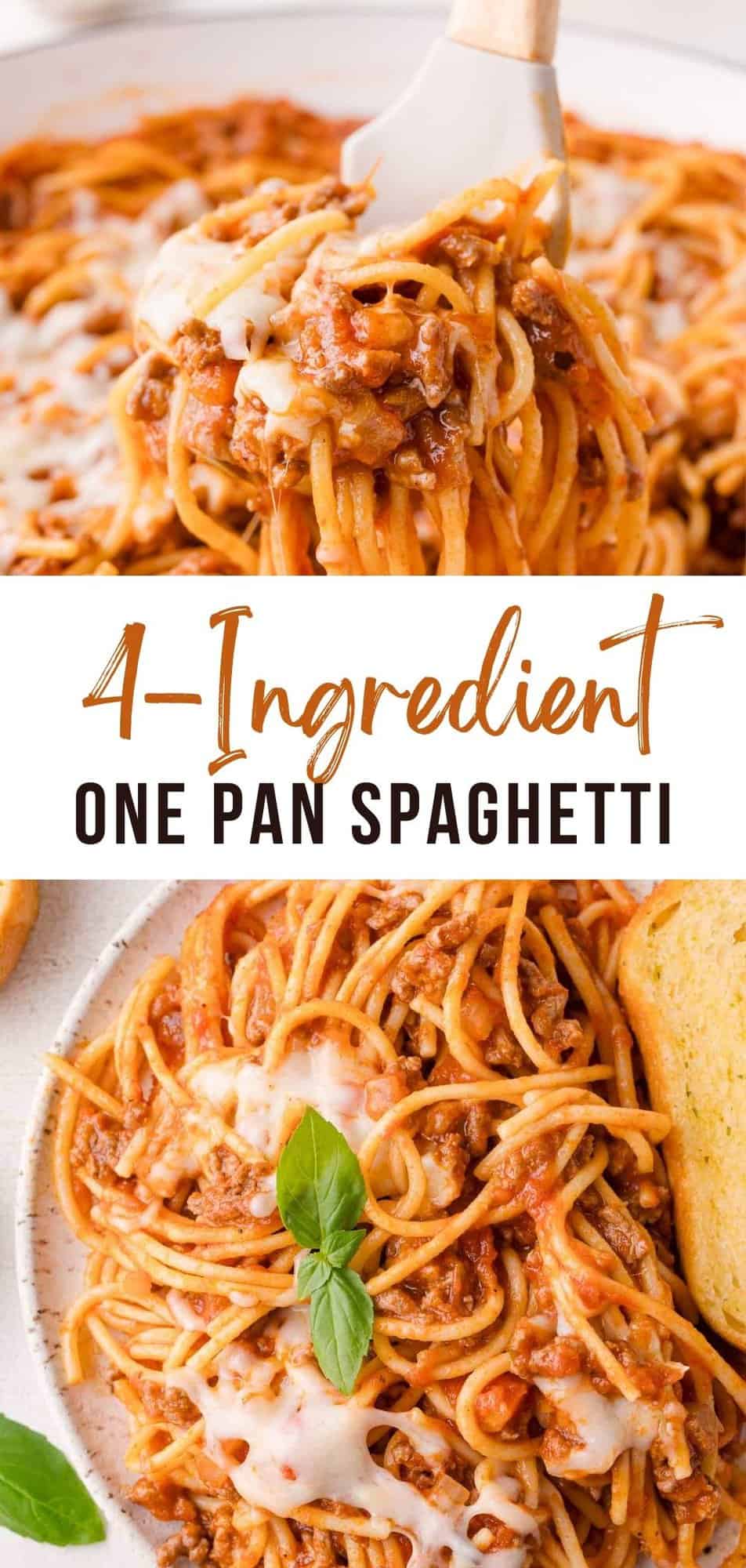 One pan spaghetti Pinterest graphic with text and photos.