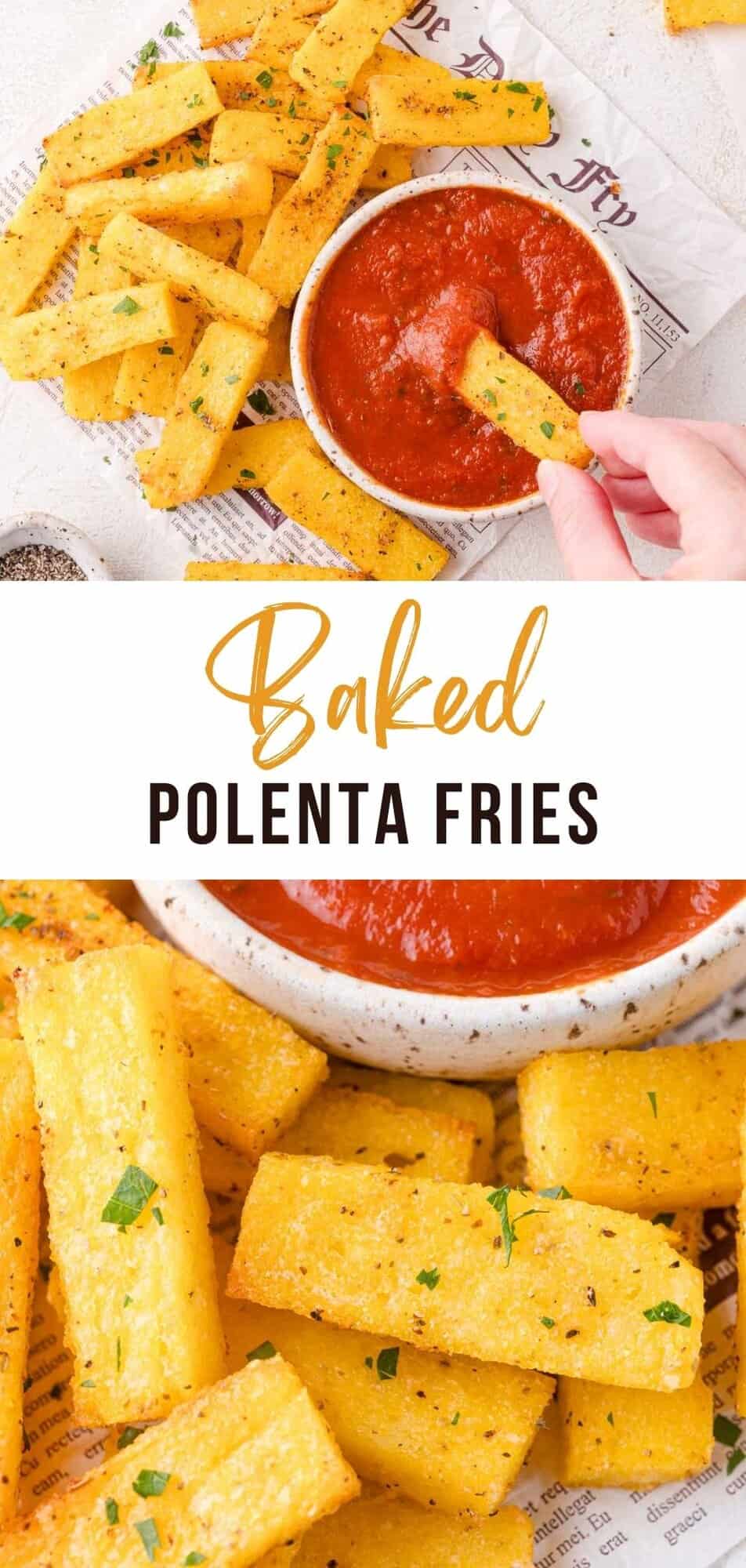 Polenta fries Pinterest graphic with text and photos.