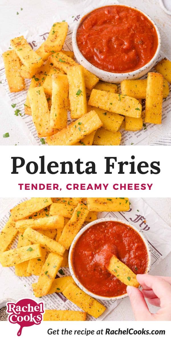 Polenta fries Pinterest graphic with text and photos.