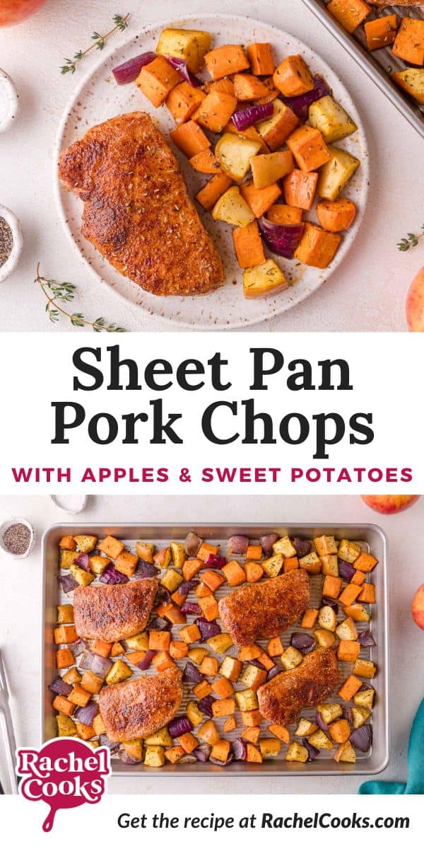 Sheet Pan Pork Chops with Apples and Sweet Potatoes Pinterest graphic with text and photos.