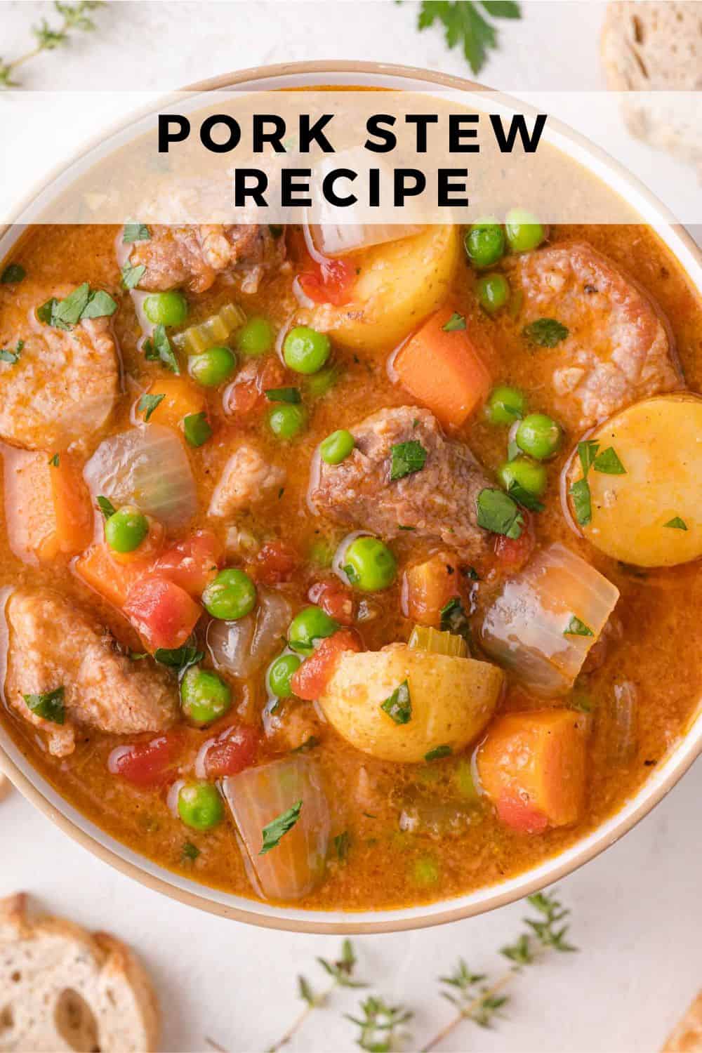 Pork stew Pinterest graphic with text and photos.